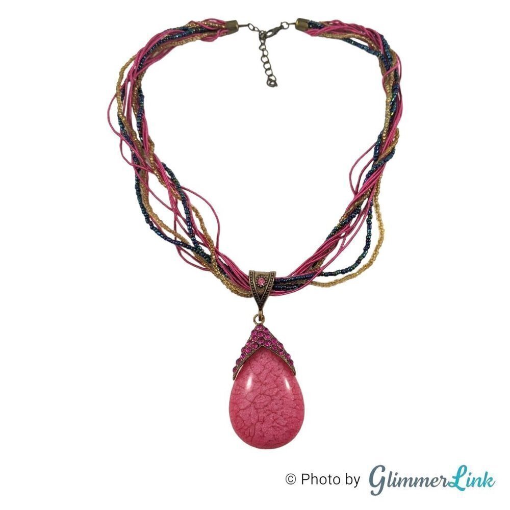 Boho Pink Blue & Gold Tone Multi Strand Waterdrop Pendant Rhinestones Necklace
